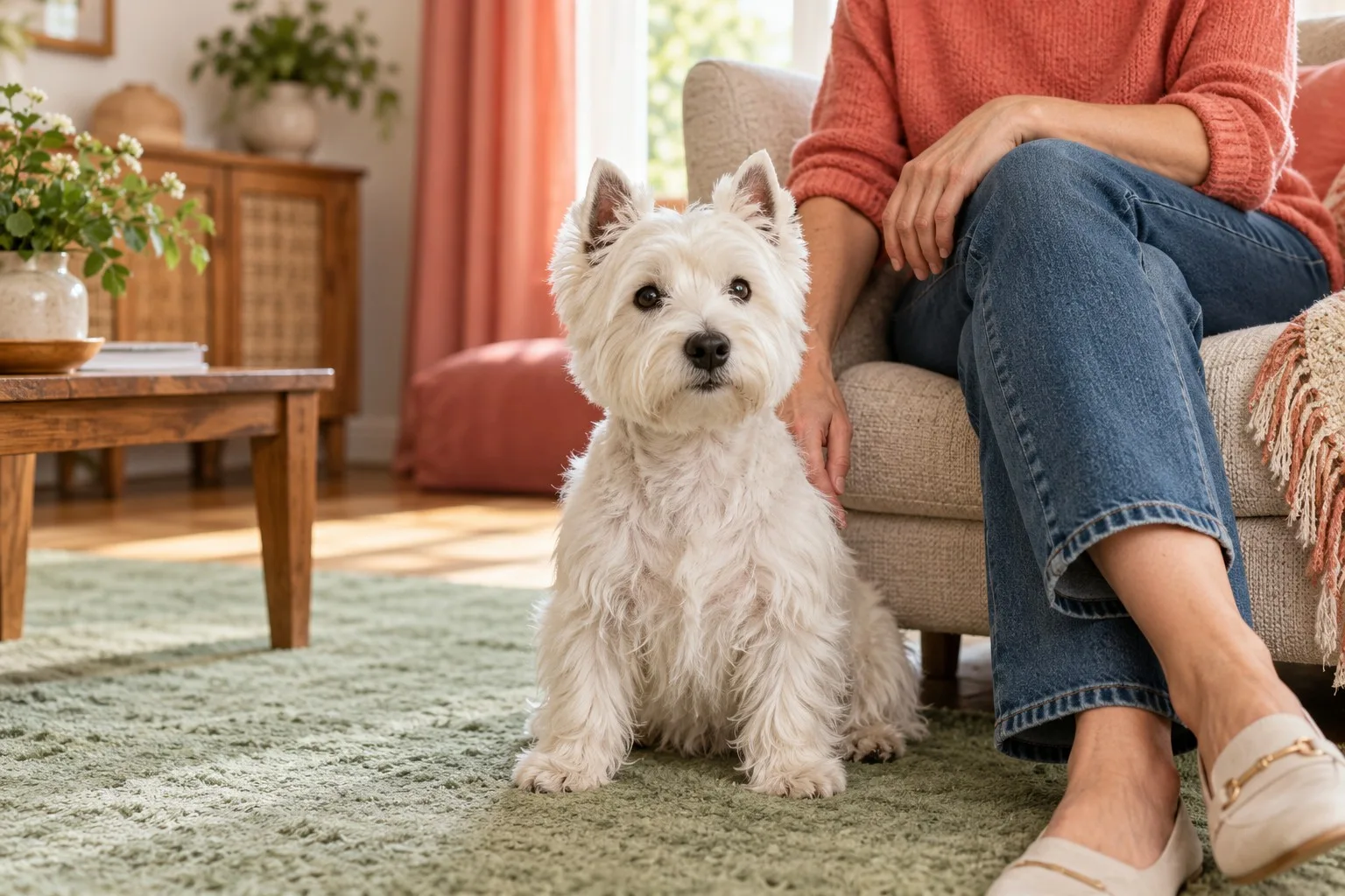 Small white dog resting beside an owner on a green rug